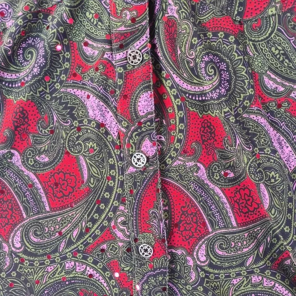 Rebecca Malone Paisley Button Top S Retro Stretch Art to Wear Statement‎ Top